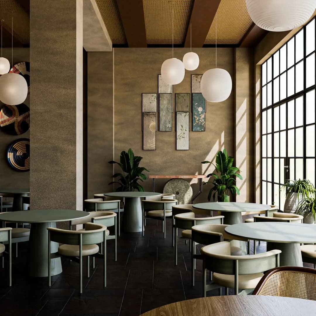 Restaurant seating with steel-framed windows