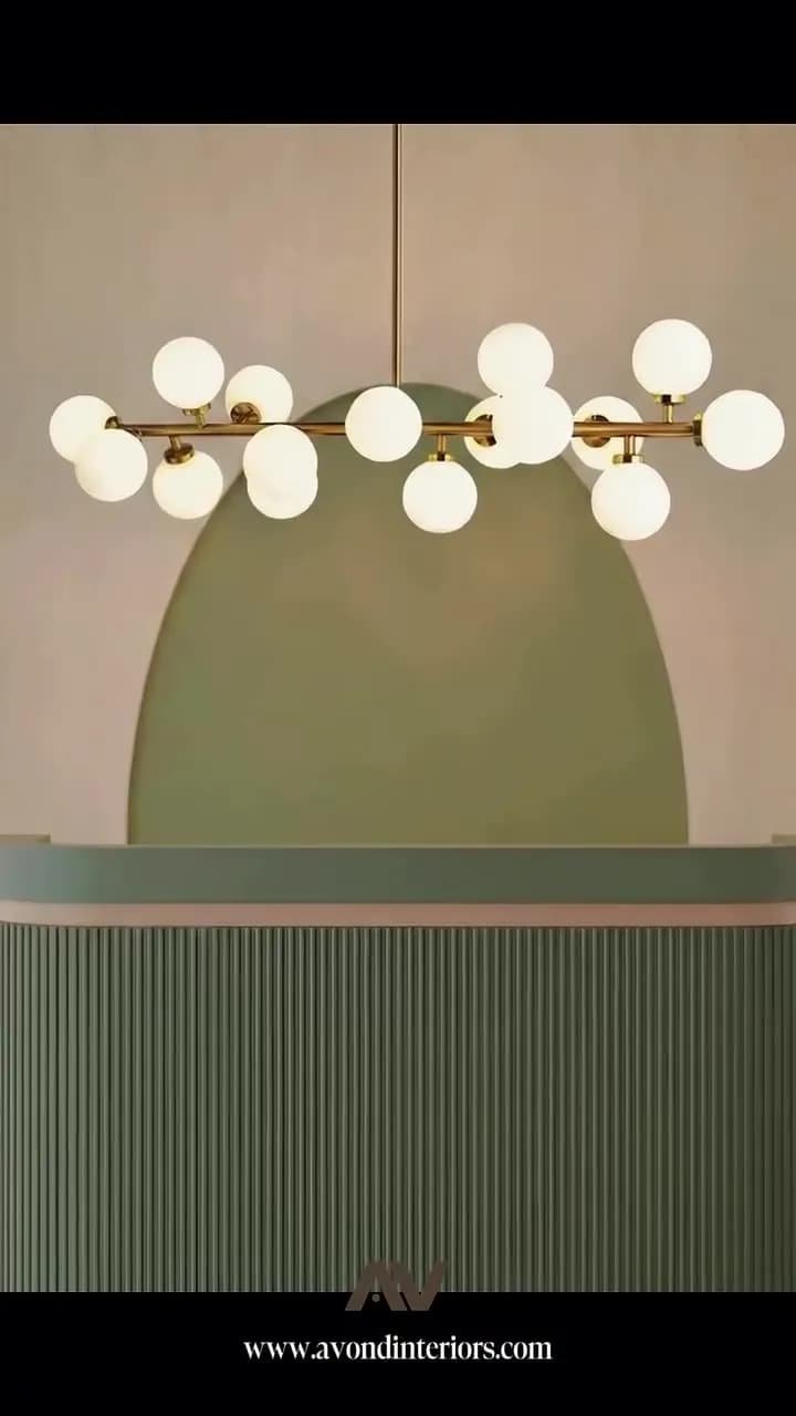 3D render of arched green reception with globe chandelier