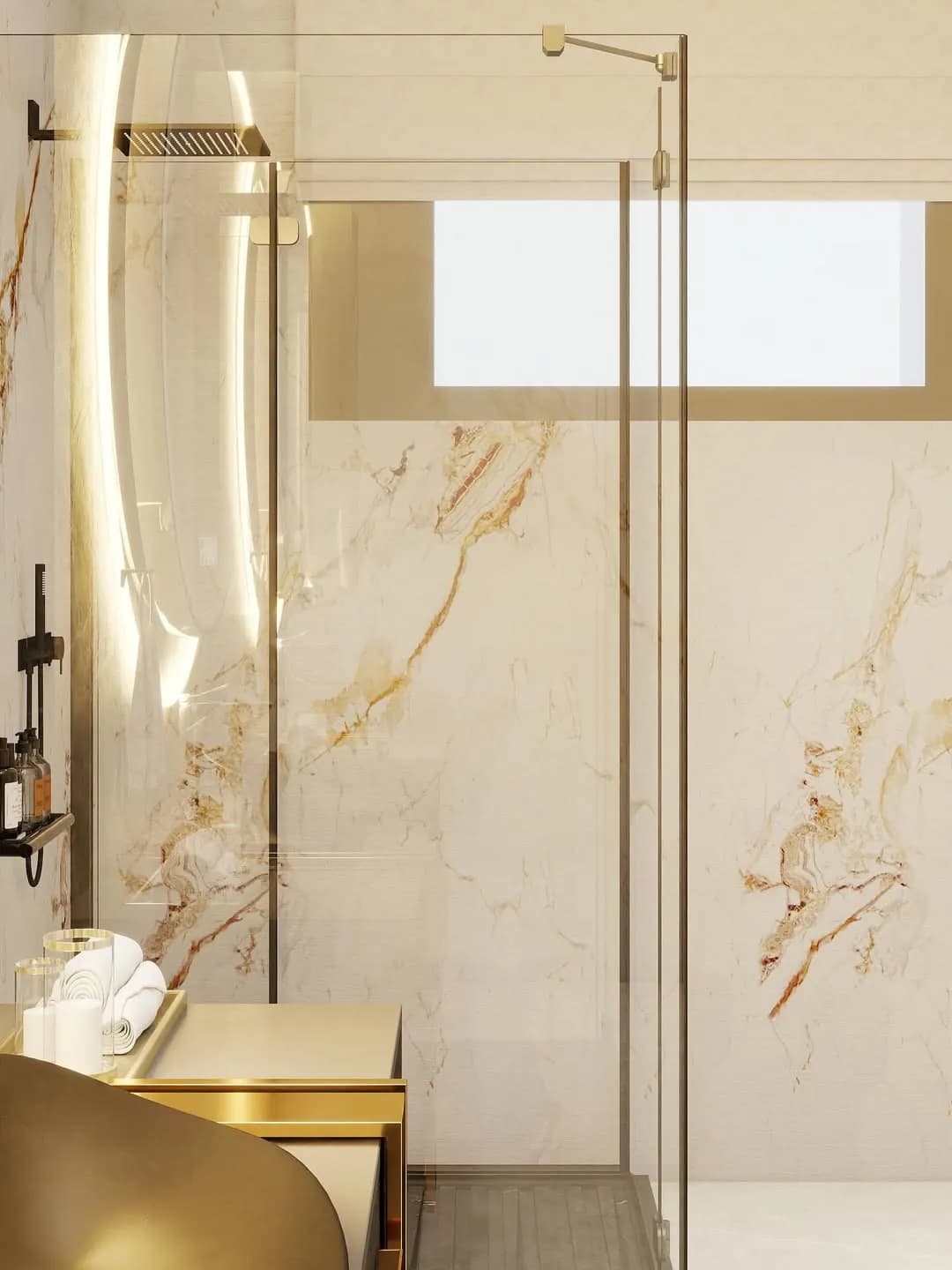 Glass shower with gold fittings