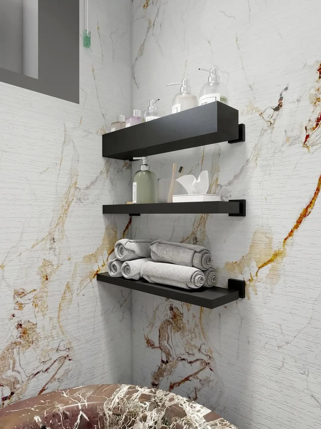 Floating shelves on veined marble
