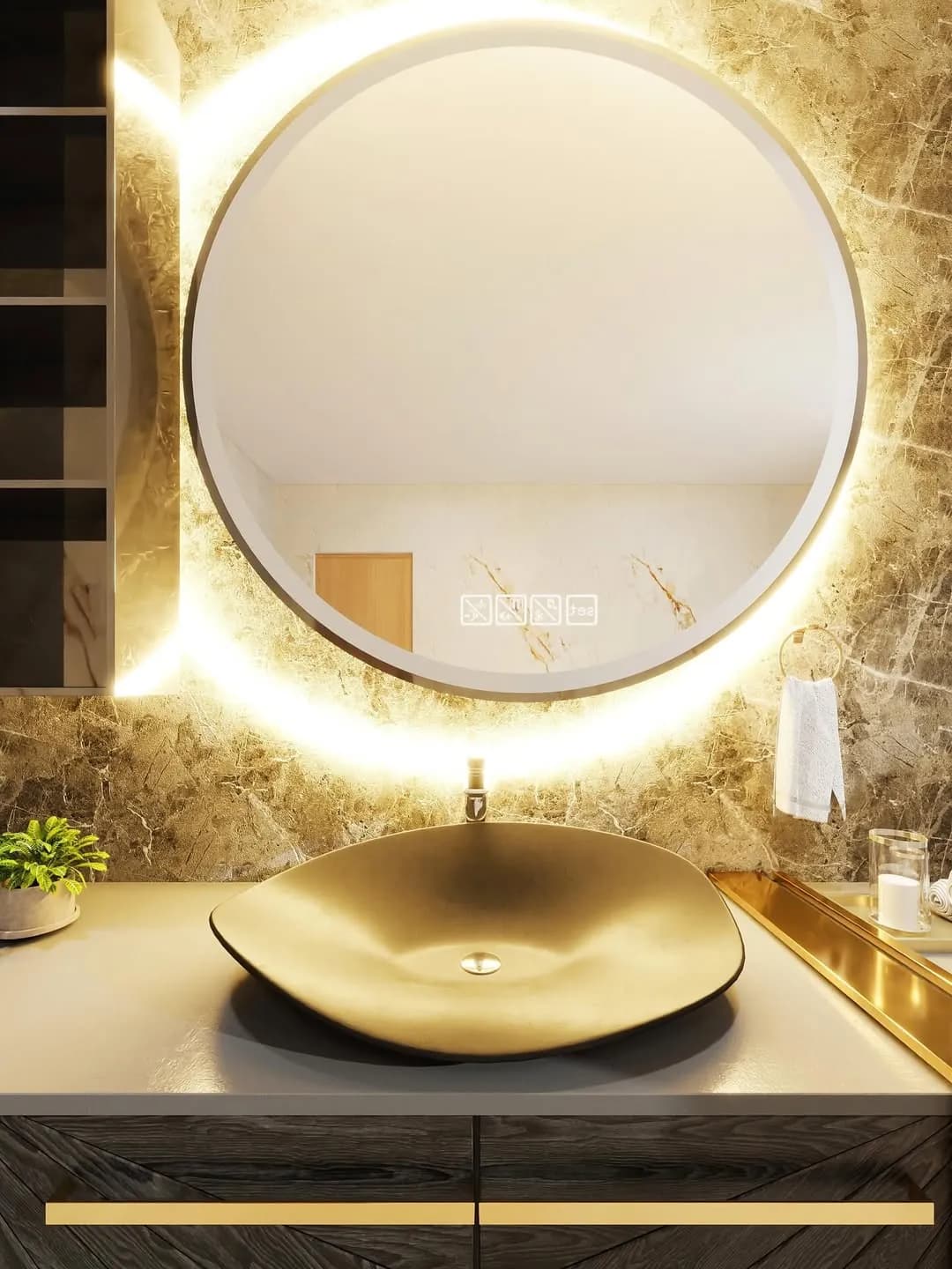 Gold vessel basin with backlit mirror