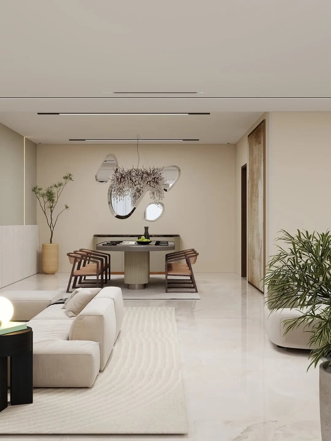 Dining space with sculptural pendant